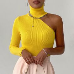 Autumn Woman Fashion Casual High Neck One Shoulder Skinny Knit Top Warm Sweater Daily Wear Yellow Long Sleeve Tops Casual Woman Fashion Casual, Autumn Woman, Lingerie Design, Yellow Long Sleeve, Baby Tees Y2k, Sweater Layering, Warm Sweater, Long Sleeve Tops Casual, Tops Casual