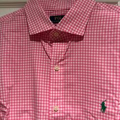 Never Worn But Altered For Sleeves To Fit Like A Medium Even Though It Is A Size Large In Custom Slim Fit. Fits Like A Classic Fit Size Medium. Stretch Cotton. Classic Plaid Shirt For Spring, Preppy Gingham Shirt For Summer, Summer Preppy Gingham Shirt, Fitted Plaid Preppy Shirt, Spring Gingham Fitted Shirt, Fitted Gingham Shirt For Spring, Pink Gingham, Collar Shirt, Ralph Lauren Shirt