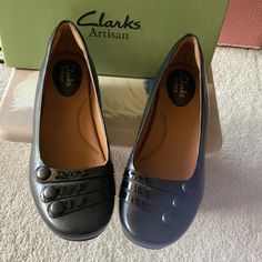 New In The Box Never Used Black Leather Round Toe Dress Shoes With Patent Leather Embellishment. Designed For Perfect Arch Support. Hot Pink Wedges, Pink Wedge Sandals, Lace Up Wedge Sandals, Clarks Sandals, Pink Wedges, Pearl Sandals, Wedge Loafers, Clarks Women's, Black Leather Sandals