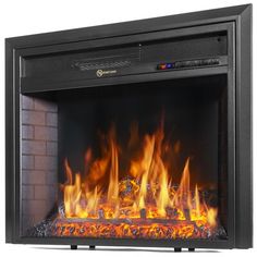 an electric fireplace with fire and flames on the front, in black frame against a white background