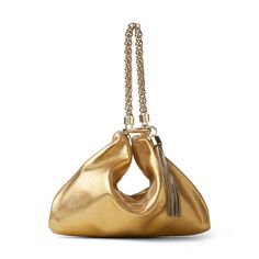 GABRIELLE'S AMAZING FANTASY CLOSET | Jimmy Choo CALLIE Bag in Metallic Gold Leather Evening Accessories, Fall Handbags, Suede Clutch, Liquid Gold, Leather Clutch Bags, Pink Suede, Metallic Leather, Leather Clutch, Chain Strap