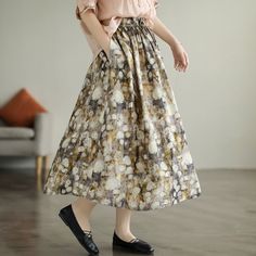 Details: Gender: Women Item Type: Skirt Material: 65% Cotton, 35% Polyester Season: Summer Pattern: Printed Style: Casual, Loose, Retro Waist Type: Elastic Waist Size: One Size Waist: 72.00 - 108.00 cm/ 28.35 - 42.52 " Length: 83.00 cm/ 32.68 " Hip: 154.00 cm/ 60.63 " Hem: 196.00 cm/ 77.17 " Non-stretch Gathered Skirt For Spring, Casual Spring Full Skirt Bottoms, Non-stretch Cotton Skirt With Floral Print, Casual Gathered Skirt For Fall, Casual Full Skirt For Spring, Casual Full Skirt Bottoms, Casual Beige Full Skirt Bottoms, Beige Floral Print Skirt, Beige Floral Print Long Skirt