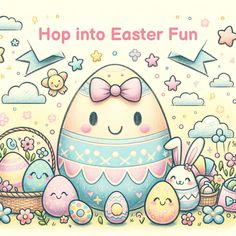 an easter card with the words hop into easter fun