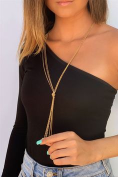 Knot Now Long Lariat Necklace - Gold Gold-tone Lariat Chain Necklace, Double Chain Lariat Necklace, Elegant Gold Dangle Body Chain, Gold Lariat Body Chain As Gift, Adjustable Gold Layered Necklace For Party, Gold-tone Lariat Chain Necklaces, Gold Lariat Body Chain Gift, Adjustable Lariat Layered Necklace With Chain Detail, Gold Layered Necklace With Adjustable Chain For Party