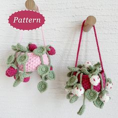 two crocheted purses hanging from hooks on a wall with the words pattern above them