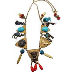 Vintage Unusual Egyptian Revival Charm Necklace (A1253) Size: About 26" Color: Multicolor Condition: Good Vintage Era: Circa 1960s Signed: None Details: It Is Very Unique; It Has Two Different Chains, And The Brass Triangular Is Older. Made Up Of Turquoise Cabs, C.O.R.A.L., Glass Stones, And Metal Components. It Is A One-Of-A Kind Piece. Please Look At All The Photos, As They Are Part Of The Description. I Try My Best To Point Out Any Flaws. Also Please Remember This Is A Preloved Piece And May Show Signs Of Light Wear, Marks, Scratches, Etc. I Will Be Posting A Lot More Jewelry, Keep Checking Back. Enamel Locket, Egyptian Revival, Jewelry Images, Remember This, Vintage Signs, R A, Blue Gold, Vintage Gold, Womens Jewelry Necklace