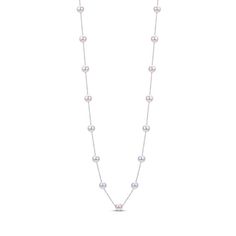 Stations of lustrous Akoya saltwater cultured pearls dance along a 14K white gold chain in this gorgeous necklace from the Brilliant Moments® collection. The 18-inch cable chain secures in place with a lobster clasp and the pearls measure 6.5-7mm each. Exclusively available from Jared® the Galleria of Jewelry. White Gold Akoya Pearl Single Strand Necklace, White Gold Single Strand Akoya Pearl Necklace, Single Strand Akoya Pearl Necklace In White Gold, Classic White Gold Pearl Necklace With Adjustable Chain, White Classic Pearl Necklace With Cable Chain, Classic White Gold Briolette Pearl Necklace, Formal White Gold Pearl Necklace With Adjustable Chain, Formal White Pearl Necklace With Cable Chain, Elegant Pearl Necklace With Cable Chain