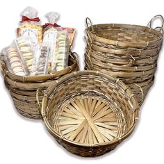 three baskets with cookies and snacks in them