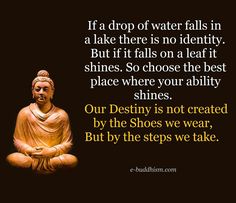 a buddha statue sitting in front of a black background with the quote, if a drop of water falls in a lake there is no identity