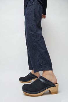 No.6 Dakota Shearling Clog on Mid Heel in Navy and Night Comfortable Winter Clogs With Leather Sole, Winter Closed Toe Clogs With Leather Sole, No 6, Clog Heels, Mid Heel, Clogs, Slippers, Navy Blue, Running