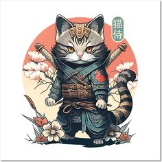 Show your love for Japanese art, samurai ninja warriors and cats with this Samurai Ninja Cat shirt for women, men teens and kids. -- Choose from our vast selection of art prints and posters to match with your desired size to make the perfect print or poster. Pick your favorite: Movies, TV Shows, Art, and so much more! Available in mini, small, medium, large, and extra-large depending on the design. For men, women, and children. Perfect for decoration. Samurai Cat Tattoo, Cat Warrior, Warrior Design, Sublimacion Ideas, Arte Ninja, Kitten Drawing, Ninja Cats, Art Interiors, Samurai Tattoo