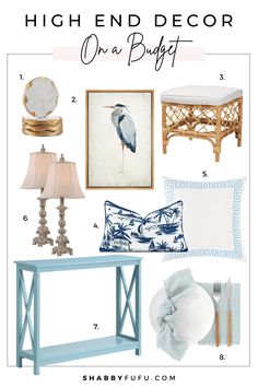 blue and white decor with text that reads high end decor on a budget