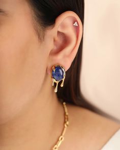 Preeti Sandhu Lapis Lazuli Selena Stud Earrings | OLIVELA Earrings Display, Lapis Lazuli Earrings, Labradorite Earrings, Earring Display, Creative Jewelry, Pretty Jewellery, Gold Plated Sterling Silver, Handmade Earrings, Crystal Earrings