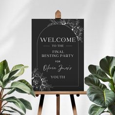 an easel with a sign that says welcome to the final resting party for grace jones youth