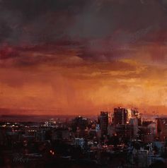 an oil painting of a city at sunset with orange and pink clouds in the background