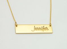 18K Bar Necklace, Solid 18K Gold Necklace, Gold Nameplate Necklace, Personalized Gold Bar Necklace, Elegant Rectangular Bar Necklace For Personalized Gift, Minimalist Gold Nameplate Bar Necklace, Classic Gold Rectangular Bar Necklace, Classic Rectangular Gold Bar Necklace, Yellow Gold Rectangular Bar Necklace, Gold Nameplate Bar Necklace As Gift, Gold Polished Nameplate Necklace, Classic Gold Nameplate Bar Necklace, Gold Nameplate Bar Necklace Gift