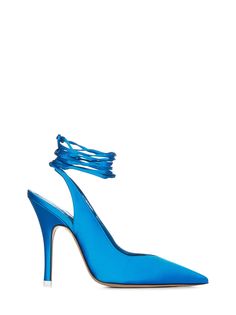 Upper: 100% Polyester Insole and lining: 100% Goat leather Sole: 100% Bovine leather The Attico, Blue Pumps, Open Toed Heels, Goat Leather, Sneaker Wedge, V Cut, Turquoise Color, Luxury Retail, Manolo Blahnik