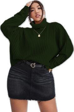 Green Long Sleeve Turtleneck For Spring, Green Casual Turtleneck For Fall, Casual Green Turtleneck For Fall, Ribbed Green Sweater For Fall, High Turtleneck, Comfy Jumpsuits, High Neck Designs, Drop Shoulder Sweaters, Knit Long Sleeve