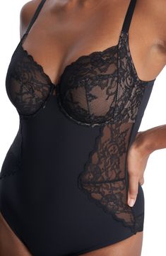 Sleek and supportive, this underwire bodysuit features flirty lace panels that add a bit of sheerness. Clasps at back Adjustable straps Cotton-lined gusset 54% elastane, 46% nylon with 62% nylon, 25% elastane, 13% polyester contrast Hand wash, line dry Imported Sleeveless Lace Bodysuit, Bridal Chemise, Girdles Shapewear, Unisex Dress, Bridal Bra, Shower Outfits, Bridal Shower Outfit, Bra Size Guide, Convertible Bra