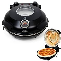 an electric pizza cooker with the lid open next to it's pancake holder