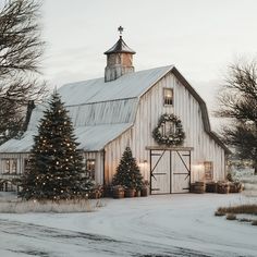 a white barn with christmas trees and wreaths on it