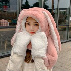 Bunny Ears Hat, Kawaii Hat, Rabbit Hat, Funny Rabbit, Fluffy Bunny, Cute Funny Cartoons, Kawaii Bunny, Beanie Style, Pink Rabbit