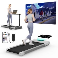 a woman is running on a treadmill while using a laptop and other electronic devices