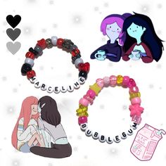 four different bracelets with cartoon characters on them and hearts in the middle one has a name tag