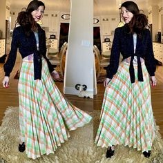 "Such an iconic staple of the 70's. Wool accordion pleated maxi skirt, in the prettiest colors. Make sure to see the close-up! Side zipper closure, fits 25-26\" waist with free hips.  Model is 5'7\" and 115 lbs with a 24\" waist and this was not pinned." Retro Fitted Maxi Skirt For Spring, Vintage Long Pleated Skirt For Spring, Fall Accordion Pleated Full Maxi Skirt, Retro Accordion Pleats Skirt For Spring, Retro Accordion Pleated Skirt For Fall, Vintage Full Maxi Skirt For Fall, Spring Retro Full Maxi Skirt, Retro Flowy Maxi Skirt For Spring, Spring Retro Skirt With Accordion Pleats