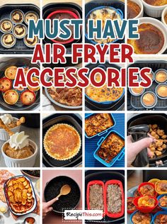 an assortment of air fryer accessories with text overlay that reads must have air fryer accessories