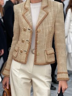 Daily Buckle Plain Urban Lapel Collar Tweed Blazer Jacket Tweed Outfit Women, Chanel Jacket Outfit, Chanel Jacket Trims, Tweed Blazer Outfit, Jacket Over Dress, Tweed Jacket Outfit, Tweed Fashion, Jacket Crop, Chanel Tweed Jacket