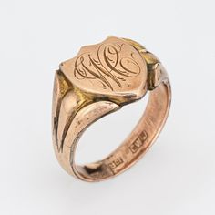 Lovely antique Victorian shield signet ring (circa 1880s to 1900s), crafted in 9 karat rose gold.   The centre shield is engraved with the initials "WC".   The side shoulders feature a pretty scrolling design that terminates to the shield mount. The saddle of the ring is low and curves to the shape of the finger.     The ring is in good condition with patina and wear evident. We have not cleaned the ring in order to preserve the patina and collector value.    Particulars:  Weight: 5.8 grammes  S Vintage Fine Jewelry, The Shield, Fine Jewellery, Antique Victorian, Signet Ring, Ring Shopping, Saddle, Heart Ring, Furniture Decor