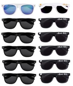 six pairs of sunglasses with different styles and colors on them, all in black and white