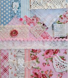 many different pieces of fabric with flowers and laces on them, all in pastel colors