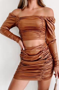 Sound Off Ruched Crop Top & Mini Skirt Set (Brown) - NanaMacs Stretch Brown Mini Skirt For Fall, Brown Fitted Mini Skirt For Fall, Fitted Brown Mini Skirt For Fall, Brown Stretch Skirt For Night Out, Brown Mini Skirt For Night Out, Brown Stretch Skirt For Fall, Fitted Ruched Skirt For Fall, Brown Skirt For Fall Night Out, Brown Skirt For Night Out In Fall