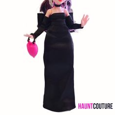 The girls are styling now at Haunt Couture! This look is out of this world. This black satin gown has a belt with oversized bow in the back. outfits are MADE TO ORDER and ship 3 weeks from purchase.  Gown with bow only. Accessories and dolls not included. NO DOLL OR SHOES. ONLY ITEMS STATED. PLEASE READ. Black Satin Gown, Dress High Fashion, Haunt Couture, High Fashion Dresses, Satin Noir, Doll Dresses, Satin Gown, Dress Clothes, Ball Dresses