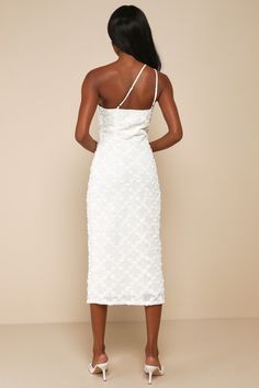 The most special events deserve the most special look, like the Truly Poised Ivory Textured 3D Floral One-Shoulder Midi Dress! Three-dimensional floral appliques create a lattice-like design across a textured woven overlay (atop a matching liner) as it shapes a sleeveless bodice and a one-shoulder neckline, supported by adjustable spaghetti straps at the back. The figure-skimming column silhouette cascades down to a chic midi hem for an elegant finish. Hidden side zipper/clasp. Fit: This garment Chic White One-shoulder Dress For Prom, Chic White One-shoulder Prom Dress, Chic White One Shoulder Prom Dress, One Shoulder White Midi Dress For Wedding, White One Shoulder Dress For Prom In Summer, White Sleeveless One-shoulder Dress For Prom, White Sleeveless One-shoulder Prom Dress, White Sleeveless One Shoulder Dress For Prom, White Dress With Straight Neckline For Party