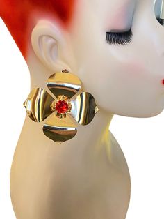 "Earrings are in excellent condition. These are big- Approx 3\". Lightweight." Derby Outfits, Orange Earrings, Flower Plates, Red Rhinestone, Pierced Earrings, Earings Piercings, Dark Red, Clip On Earrings, Gold Plate