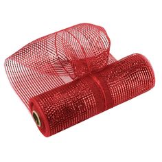 two rolls of red mesh with a bow on the top and one roll is rolled up