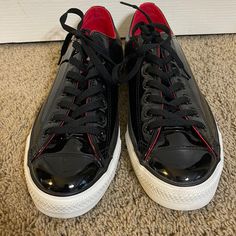 Never Worn Black Chucks With Red Accents. Black Converse Sneakers For Streetwear, Black Converse Sneakers With Contrast Sole, Black Converse Low-top Sneakers, Black Low-top Converse Sneakers, Casual Black Sneakers With Red Sole, Casual Black Converse Sneakers, Black Edgy Sneakers For Sports, Edgy Black Round Toe Sneakers, Floral Shoes Sneakers