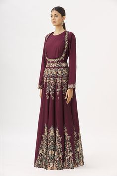 Wine anarkali with floral embroidered motifs and textured bodice, potli detail. Paired with embroidered dupatta.
Component: 2
Embroidered
Neckline: Round
Sleeve Length: Full
Color: Purple
Floral motif work
 - Aza Fashions Semi-stitched Maxi Lehenga With Intricate Embroidery, Unstitched Anarkali Set With Intricate Embroidery, Semi-stitched Anarkali Gown With Resham Embroidery, Maxi Length Salwar Kameez With Intricate Embroidery For Reception, Semi-stitched Embroidered Gown For Eid, Anarkali Gown With Resham Embroidery Semi-stitched, Embroidered Semi-stitched Eid Gown, Eid Semi-stitched Embroidered Gown, Unstitched Anarkali Gown With Intricate Embroidery