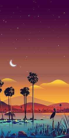 a night scene with palm trees and the moon in the sky