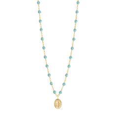 Gigi Clozeau - Madone Charm Classic Gigi Aqua necklace, Yellow Gold, 16.5 Spiritual Pendant Necklaces With Beaded Chain, Spiritual Beaded Chain With Round Pendant, Spiritual Style Round Pendant With Beaded Chain, Spiritual Beaded Chain Jewelry With Round Pendant, Spiritual Pendant Necklace With Beaded Chain, Spiritual Round Pendant With Beaded Chain, Medallion Necklaces With Gemstone Beads As Gift, Amulet Style Pendant Necklace With Beaded Chain, Amulet-style Pendant Necklace With Beaded Chain