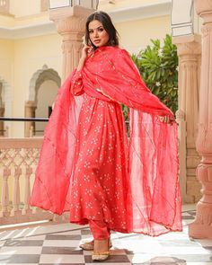 Kurta Pant Set Anarkali Style with Bandhej Modal - Coral - www.riafashions.com Bandhani Anarkali, Bandhej Suits, Kurta Pant Set, Anarkali Kurta, Modal Fabric, Work Suits, Dupatta Set, Online Shopping India, Cotton Suits