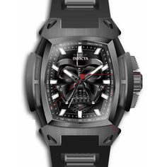 This eye-catching Invicta watch from the Star Wars collection is powered by an accurate Quartz movement, with a gunmetal, black case. Its face is decorated by a black, metal dial, and protected by a sturdy Flame Fusion Crystal. A black, gunmetal, silicone, stainless steel band completes this timepiece that can resist water for up to 100 m. Creating its own epic galaxy, the Star Wars collection is comprised of exclusive, limited edition timepieces for both men and women. Iconic characters from th Black Chronograph Watch With Skeleton Dial For Outdoor, Black Chronograph Watch With Metal Dial For Outdoor, Black Tactical Watch With Analog Display, Outdoor Black Chronograph Watch With Skeleton Dial, Watches 2022, Black Automatic Chronograph Watch With Rectangular Dial, Mens Invicta Watches, Star Wars Men, Best Watches For Men