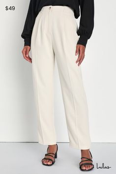 Leave everyone in awe of your posh presence in the Lulus Sophisticated Company Ivory Straight Leg Trouser Pants! These chic pants keep things classy with their flat woven composition and high-waisted fit, complete with belt loops, a tortoise top button-closure, and a hidden zip fly. The straight pant legs feature light pleating, side seam pockets, and decorative welt pockets at back before ending at tailored, ankle-length hems. Elastic at back for fit. Fit: This garment fits true to size. Length Chic Pants, Lulu Fashion, Tennis Fashion, Pants Large, Straight Leg Trousers, Feature Light, Straight Pants, Work Outfits, Trouser Pants