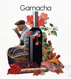 an advertisement for garnacha wine with a man sitting in front of it