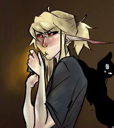 a drawing of a woman with blonde hair and red eyes next to a black cat