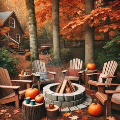 an outdoor fire pit surrounded by chairs and pumpkins