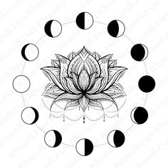 a lotus flower surrounded by phases in black and white